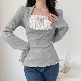 Grey Lace Long Sleeve Tops