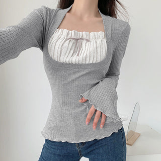 Grey Lace Long Sleeve Tops