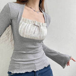 Grey Lace Long Sleeve Tops