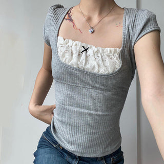 lace stitching square collar knitted top