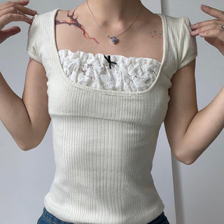 lace stitching square collar knitted top