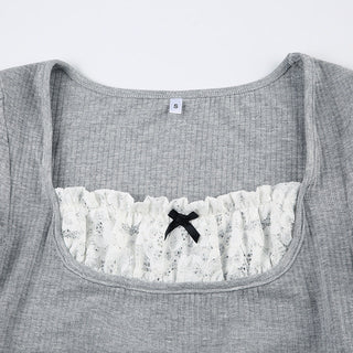 lace stitching square collar knitted top