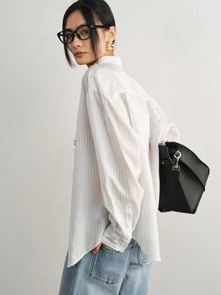 [UNAWARES] Thin Transparent Cuprammonium Striped Long Sleeve Shirt