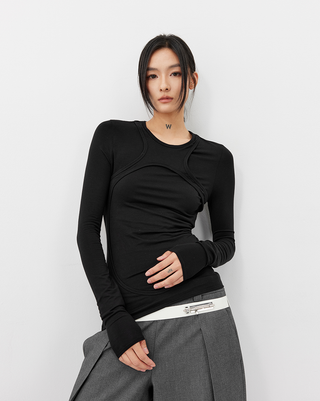 [UNAWARES] Backless Fake Two-Piece Long-Sleeved Top