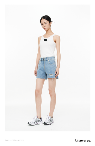 [UNAWARES] Zipper Brushed Ripped Denim Shorts