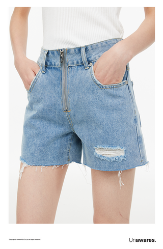 [UNAWARES] Zipper Brushed Ripped Denim Shorts