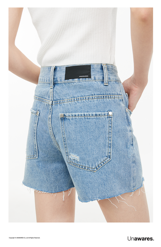 [UNAWARES] Zipper Brushed Ripped Denim Shorts