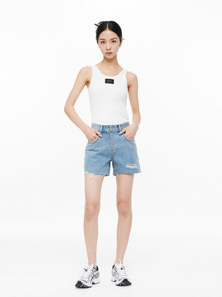 [UNAWARES] Zipper Brushed Ripped Denim Shorts