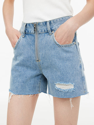 [UNAWARES] Zipper Brushed Ripped Denim Shorts