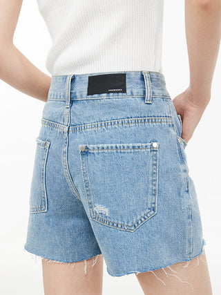 [UNAWARES] Zipper Brushed Ripped Denim Shorts