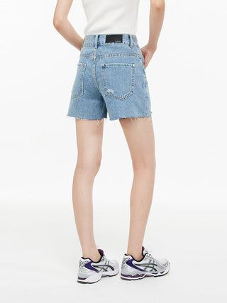 [UNAWARES] Zipper Brushed Ripped Denim Shorts