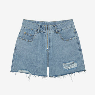 [UNAWARES] Zipper Brushed Ripped Denim Shorts