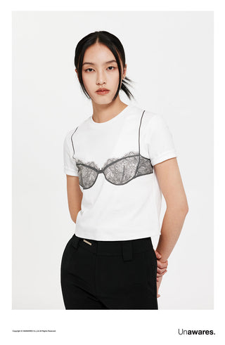 [UNAWARES] Lace Bra Printed Short Sleeve T-Shirt