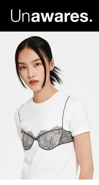 [UNAWARES] Lace Bra Printed Short Sleeve T-Shirt