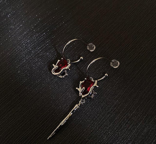 Asymmetrical Red Dark Silver Needle Earrings Bloody Rose