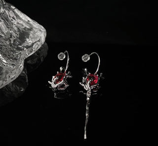 Asymmetrical Red Dark Silver Needle Earrings Bloody Rose