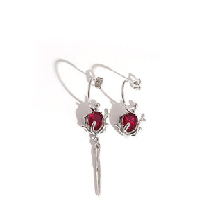 Asymmetrical Red Dark Silver Needle Earrings Bloody Rose