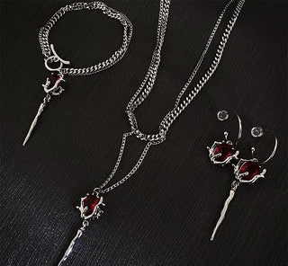 Asymmetrical Red Dark Silver Needle Earrings Bloody Rose