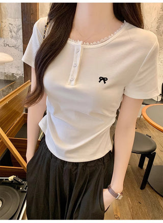 Korean lace design slim T-shirt