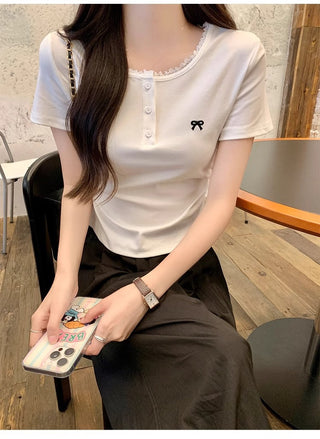 Korean lace design slim T-shirt