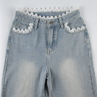 Lace edge loose jeans