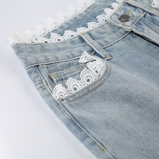 Lace edge loose jeans