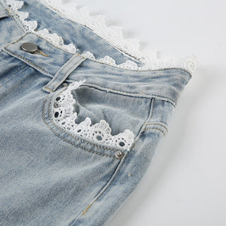 Lace edge loose jeans