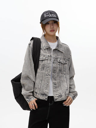 Workwear distressed washed denim jacket