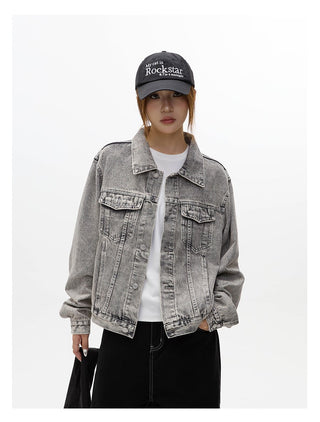 Workwear distressed washed denim jacket