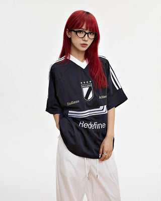 V-neck Letter embroidered sports T-shirt