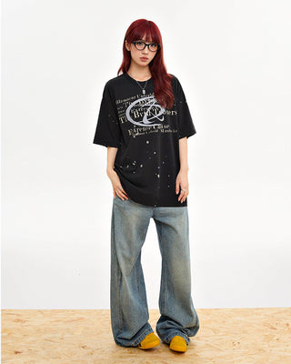 Retro letters loose print casual T-shirt