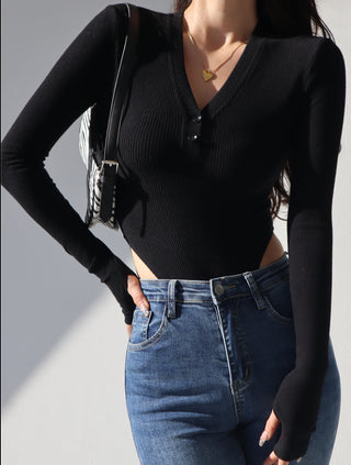 Waistless V-neck Button Bodysuit