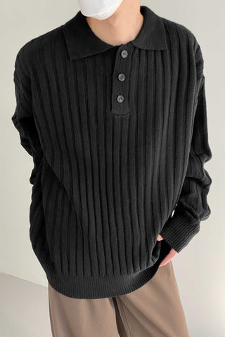 Collared lapel pit striped loose fit sweater