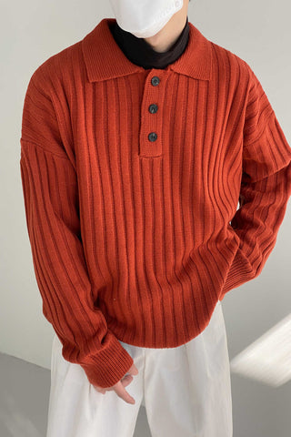 Collared lapel pit striped loose fit sweater