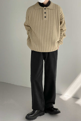 Collared lapel pit striped loose fit sweater