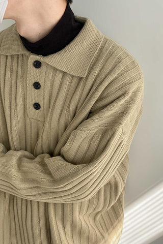 Collared lapel pit striped loose fit sweater