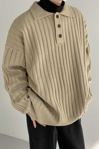 Collared lapel pit striped loose fit sweater