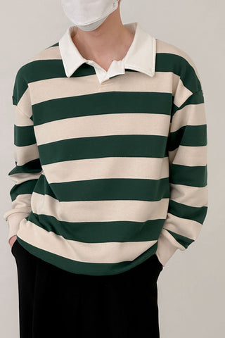 striped  long-sleeved collar T-shirt