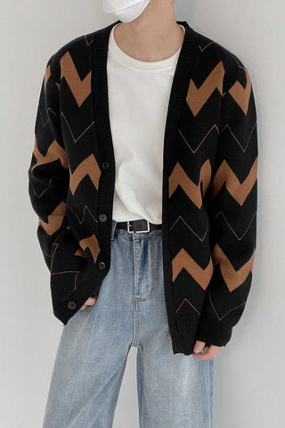 Wave pattern knitted cardigan sweater