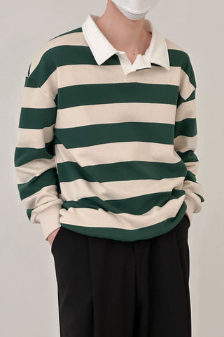 striped  long-sleeved collar T-shirt