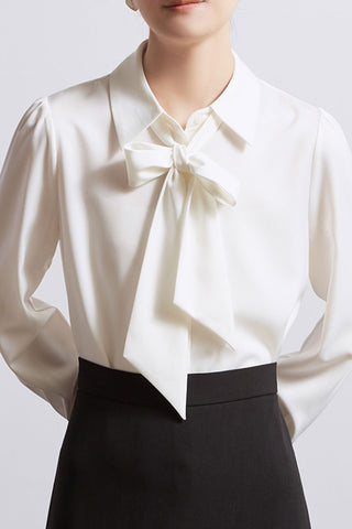 long-sleeved satin shirt with detachable  bowknot