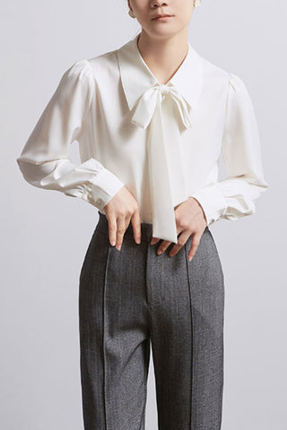 Solid long-sleeved shirt with detachable bowknot