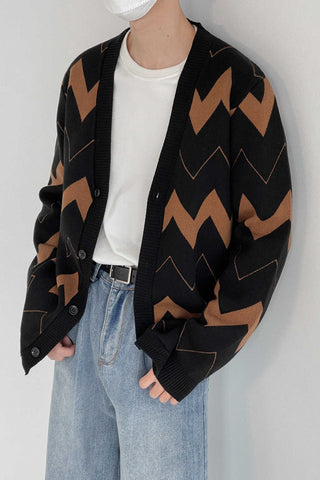 Wave pattern knitted cardigan sweater