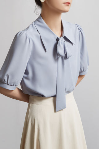 Bow Knot Puff Sleeve Iron-free Shirt