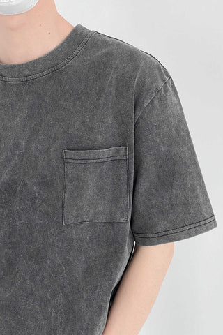 Washed short-sleeved T-shirt chest patch-pocket