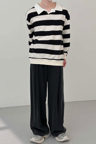 striped  long-sleeved collar T-shirt