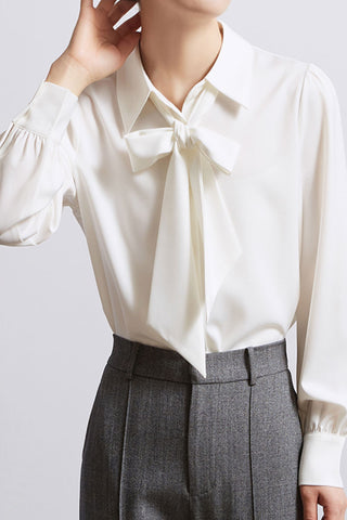 long-sleeved satin shirt with detachable  bowknot