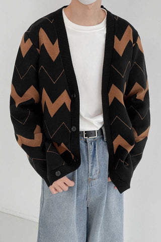 Wave pattern knitted cardigan sweater