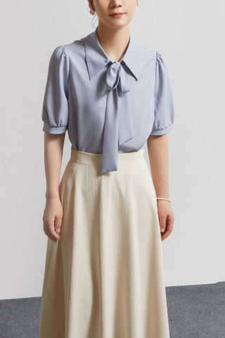 Bow Knot Puff Sleeve Iron-free Shirt