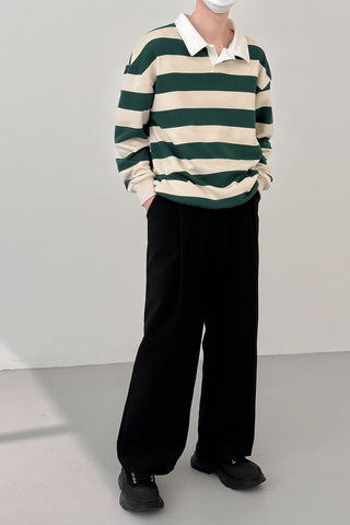 striped  long-sleeved collar T-shirt